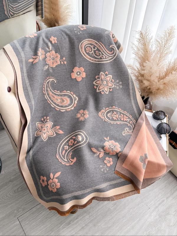 Boho Style Paisley & Floral Print Tassel Decor Shawl, Casual Soft Warm Thick Double-sided Scarf for Fall & Winter, Fashion Accessories for Women & Men