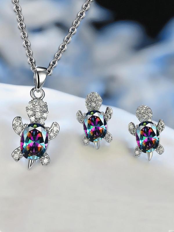 3pcs set Rhinestone Decorated Turtle Design Pendant Necklace & Stud Earrings Set, Elegant Women's Jewelry Set for Party, Daily Clothing Decor