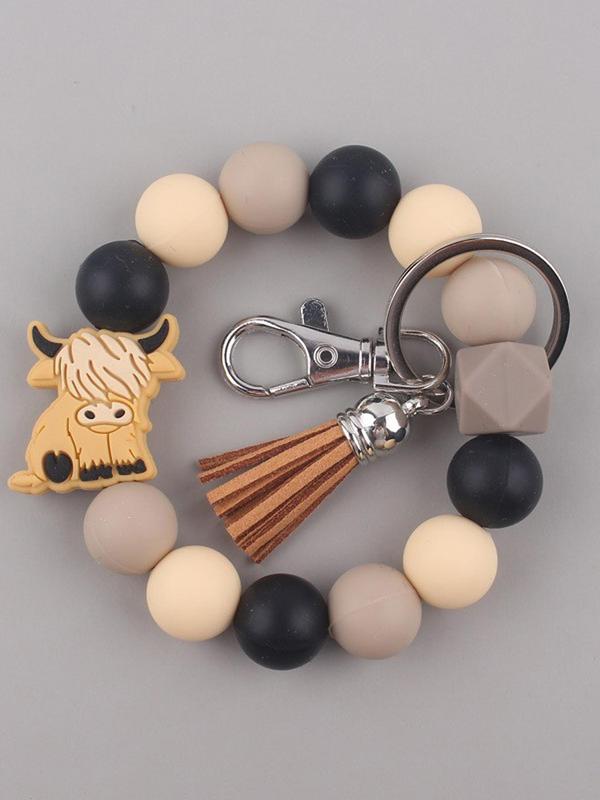 Unisex Cute Ox & Tassel Design Keychain,  Trendy Beaded Bracelet Design Keychain, Chic Vintage Fashion Accessories for Women & Men