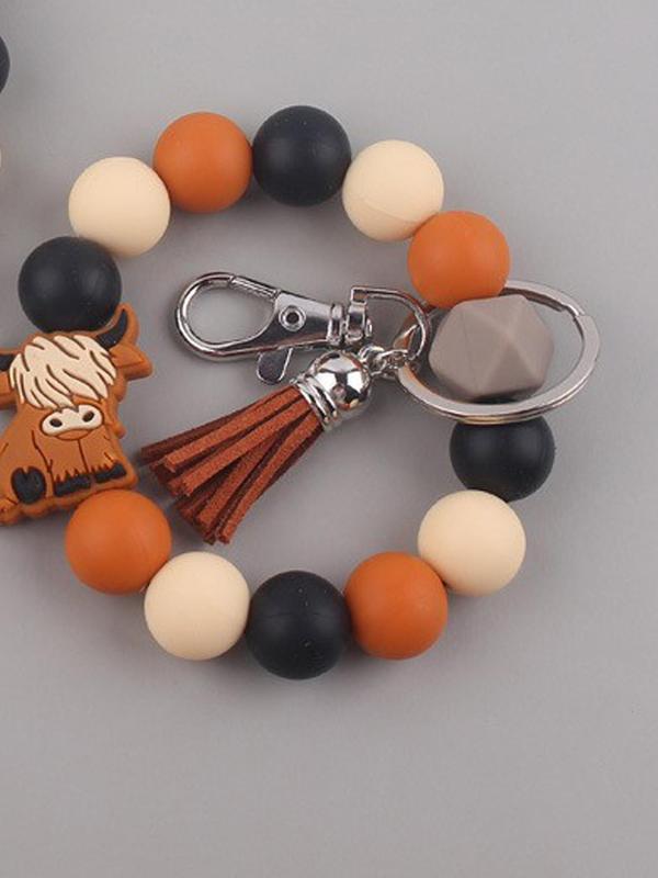 Unisex Cute Ox & Tassel Design Keychain,  Trendy Beaded Bracelet Design Keychain, Chic Vintage Fashion Accessories for Women & Men