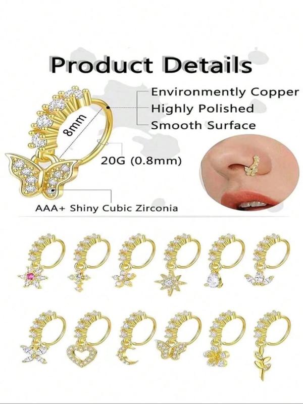 Women's Elegant Rhinestone Decorated Nose Ring Set, Exquisite Trendy Flower & Flower & Leaf & Heat & Moon & Cross & Hollow Out Heart Design Sexy Nose Ring Set Nose Piercings