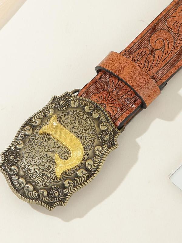 Vintage Letter Design Western Belt, Fashionable Floral Embossed Pu Leather Belt for Men & Women, Casual Retro Accessories for Jeans Trousers for Daily Life