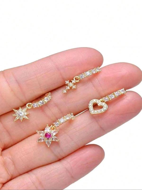 Women's Elegant Rhinestone Decorated Nose Ring Set, Exquisite Trendy Flower & Flower & Leaf & Heat & Moon & Cross & Hollow Out Heart Design Sexy Nose Ring Set Nose Piercings