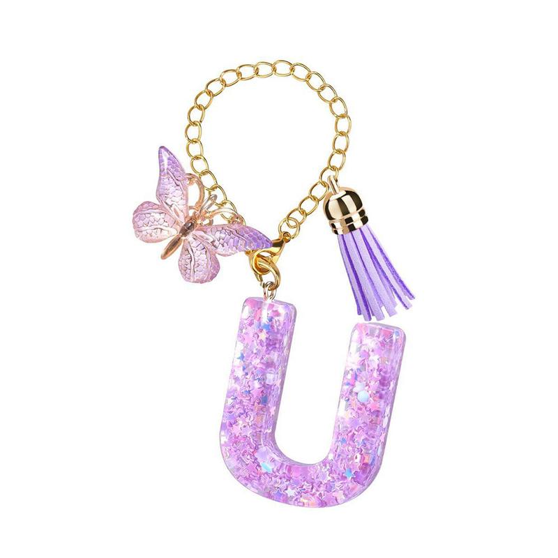 Personalized Initial Letter Resin Keychains with Tassles, Glittering Holiday Birthday Christmas Friendship Gift, Bags Fashion Accessories