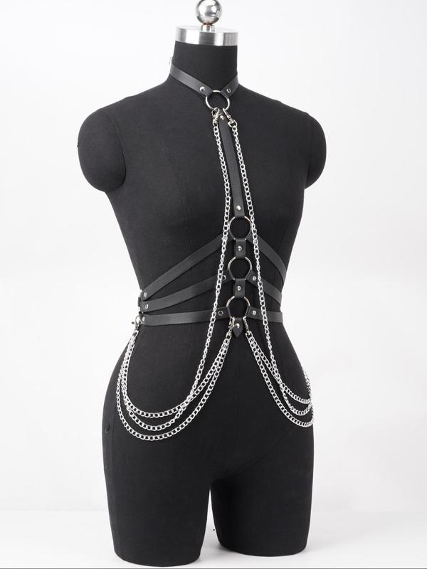 Women's Trendy Criss Cross & Studded Decor Pu Leather Belt, BB Belt, Punk Fashion O-ring Decor Harness Belt With Chain Decor, Musical Festival Fashion Accessory