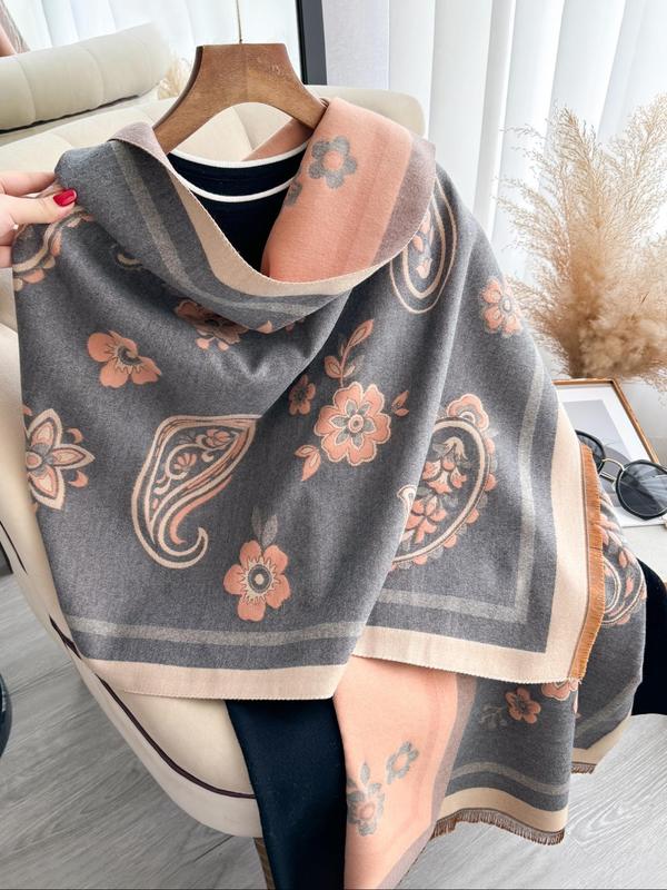 Boho Style Paisley & Floral Print Tassel Decor Shawl, Casual Soft Warm Thick Double-sided Scarf for Fall & Winter, Fashion Accessories for Women & Men