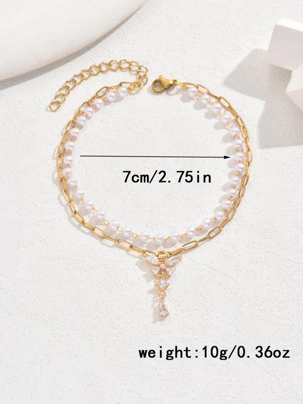 Women's Elegant Faux Pearl Decor Beaded Anklet, Butterfly Design Layer Anklet for Women & Girls, Trendy All-match & Exquisite Body Jewelry for Birthday Gift