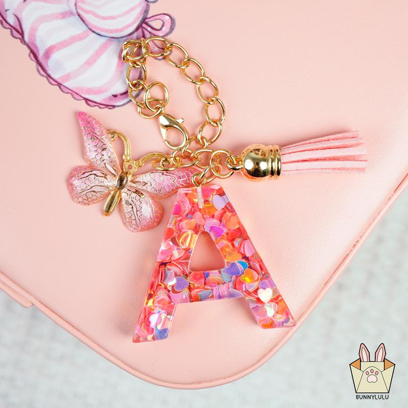 Personalized Initial Letter Resin Keychains with Tassles, Glittering Holiday Birthday Christmas Friendship Gift, Bags Fashion Accessories