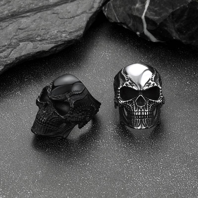 FaithHeart Masculine Skull Ring Stainless Steel Skull Skeleton Band Biker Ring for Men