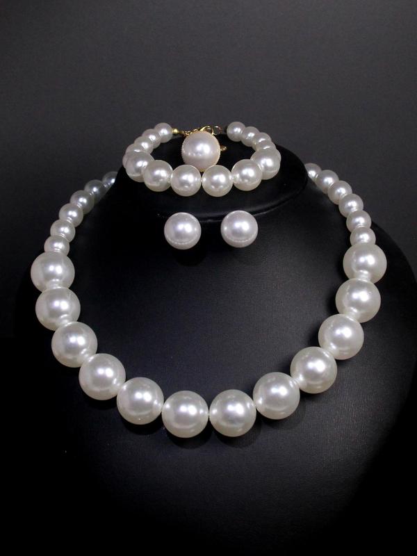 Elegant Faux Pearl Decorated Jewelry Set, Including Exquisite Bracelet & Necklace & Ring & Earrings, Women's French Style Jewelry Set, Fashionable Jewelry Set As Gift