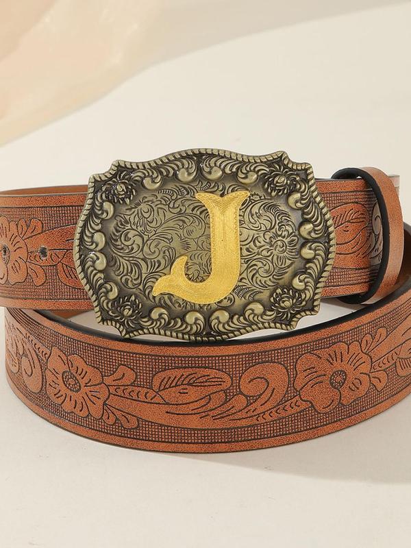 Vintage Letter Design Western Belt, Fashionable Floral Embossed Pu Leather Belt for Men & Women, Casual Retro Accessories for Jeans Trousers for Daily Life