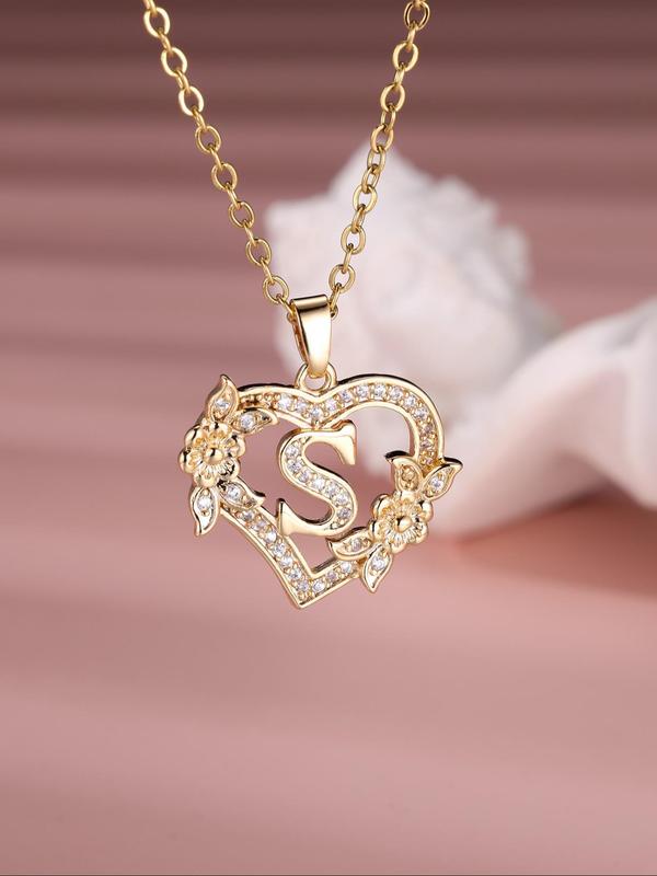 2024 Fall New Fashion Letter Detail Heart Shaped Pendant Necklace Back To School, Love Necklace for Women for Spring, Rhinestone & Flower Decor Stainless Steel Matching Necklace Jewelry, Girl's Temperament Cloths Accessory for Daily Wear