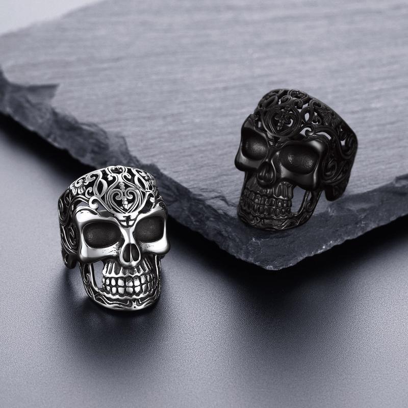 FaithHeart Masculine Skull Ring Stainless Steel Skull Skeleton Band Biker Ring for Men