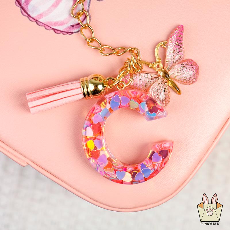 Personalized Initial Letter Resin Keychains with Tassles, Glittering Holiday Birthday Christmas Friendship Gift, Bags Fashion Accessories