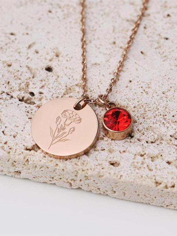 Birth Month Flowers Design Pendant Necklace, Women's Round Shaped Pendant Necklace, with Rhinestone Decor, Fashion Jewelry for Party, Daily Clothing Decor