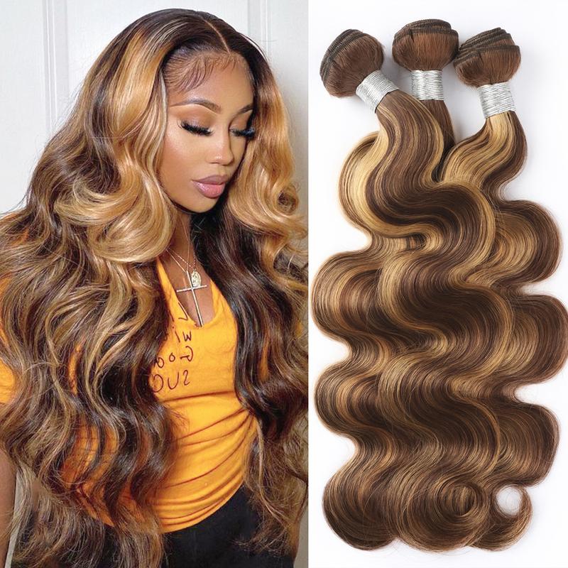 Honey Blonde Highlight Hair Bundles Brazilian Body Wave Human Hair Weave 3 Bundles P4 27