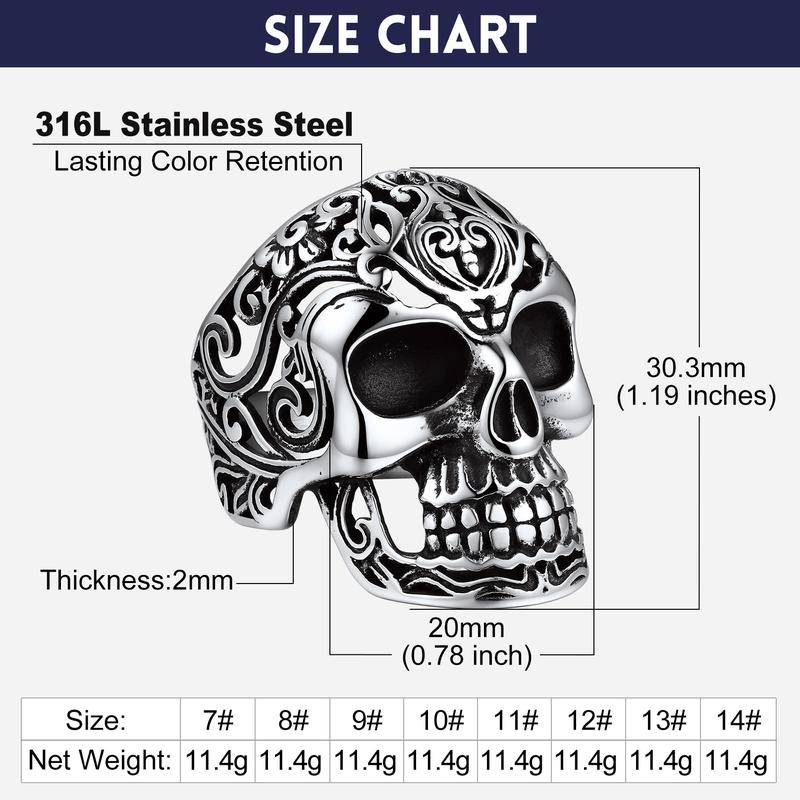 FaithHeart Masculine Skull Ring Stainless Steel Skull Skeleton Band Biker Ring for Men