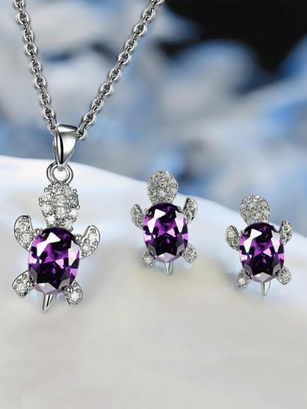 3pcs set Rhinestone Decorated Turtle Design Pendant Necklace & Stud Earrings Set, Elegant Women's Jewelry Set for Party, Daily Clothing Decor