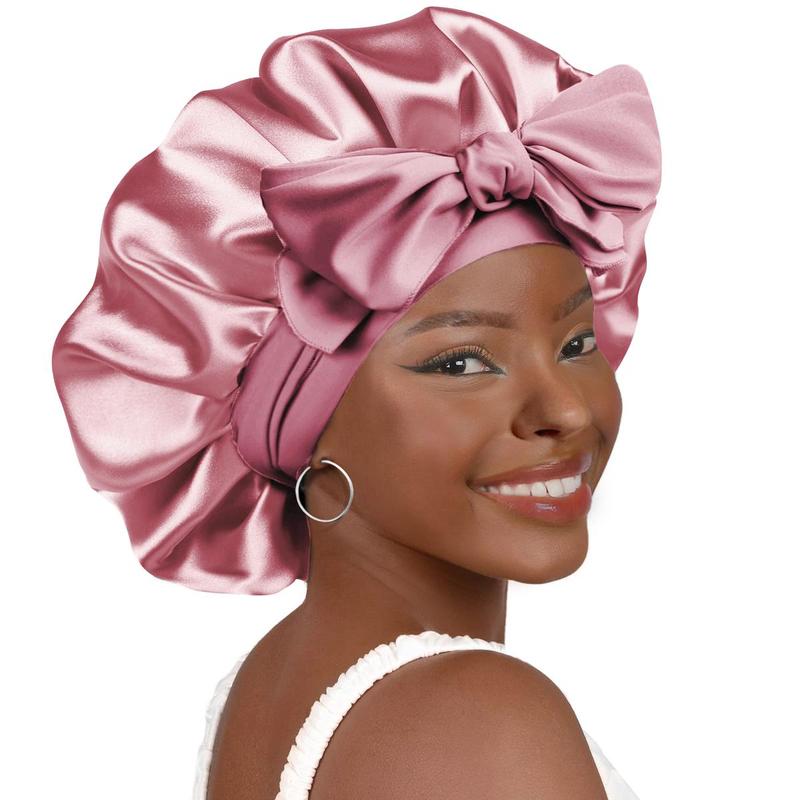 Outside Silk Bonnet for Sleeping  Double Layer Satin Adjustable Straps Lined HairBonnet with Tie Band Bonnets for Women NaturalCurly Hair Outside Silk