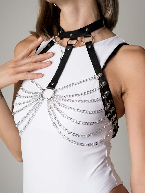 Women's Fashion Chain Design PU Harness Belt, Gothic Style O-ring Design Sexy Belt for Party, Daily Clothing Decor, Trendy All-match & Exquisite Belt for Gift