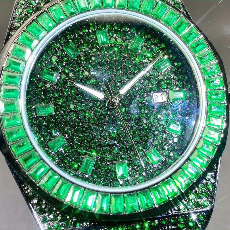 Christmas Gift Luxury Iced Out Green Watch for Men - Square Rhinestone Hip Hop Jewelry Wristwatch with Quartz Movement, Water Resistant, Date Display, and Stylish Design - 2024 New Arrival Fashion Reloj for Mans