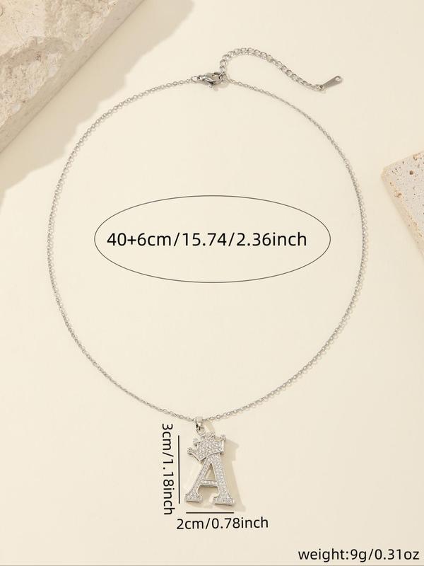 Casual Crown Design Rhinestone Inlaid Alphabet Pendant Necklace, 2024 Letter Necklace for Teens Gift, Streetwear Accessories for Summer Daily Back To School Fall