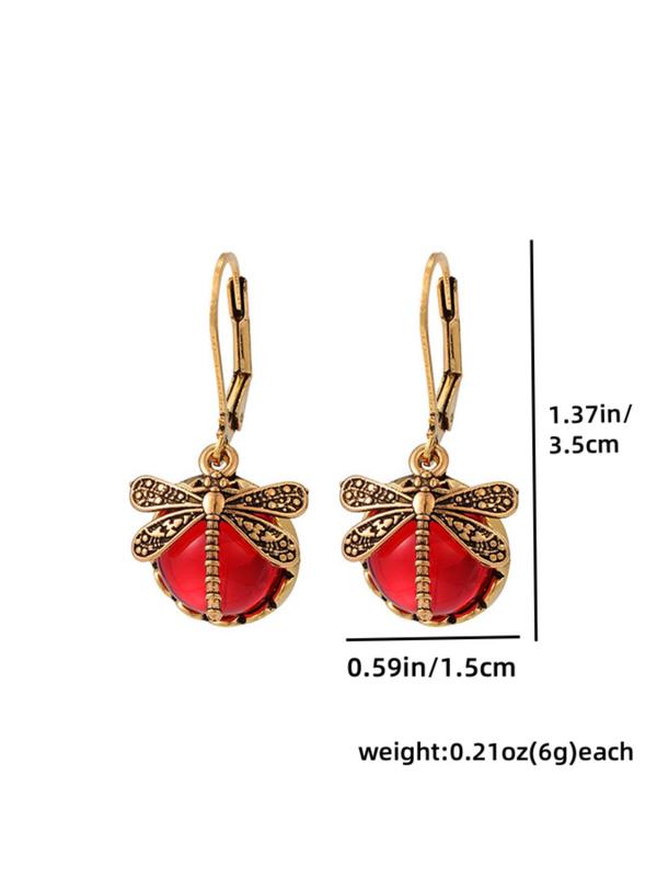 Dragonfly Design Dangle Earrings, Round Synthetic Gems Decor Earrings, Fashionable Alloy Jewelry  for Clothing Decor, All-match & Exquisite Jewelry