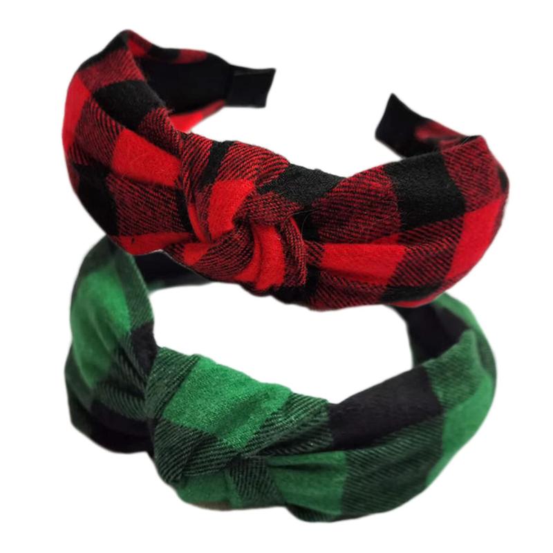 2 count Christmas Wide Knotted Plaid Headbands Fashion Vintage Turban Hair Band Retro Criss Cross Christmas St. Patrick's Day Headband for Women Girl Xmas Hair Accessories - Red + Green 2