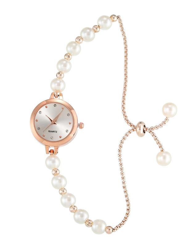 Faux Pearl Decorated Quartz Watch, Fashionable Round Dial Analog Watch for Women & Girls, Trendy All-match & Exquisite Watch for Birthday Gift