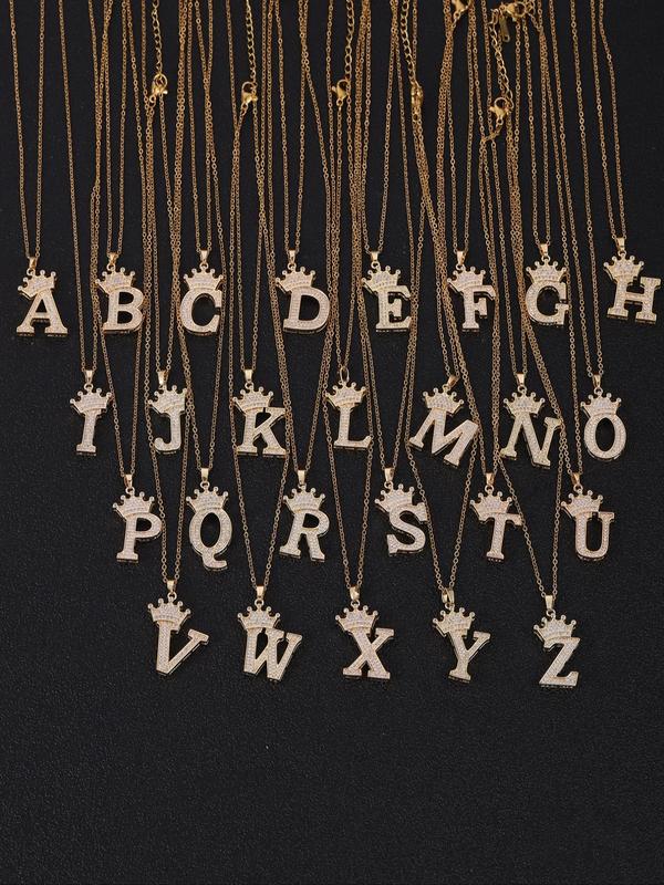 Casual Crown Design Rhinestone Inlaid Alphabet Pendant Necklace, 2024 Letter Necklace for Teens Gift, Streetwear Accessories for Summer Daily Back To School Fall