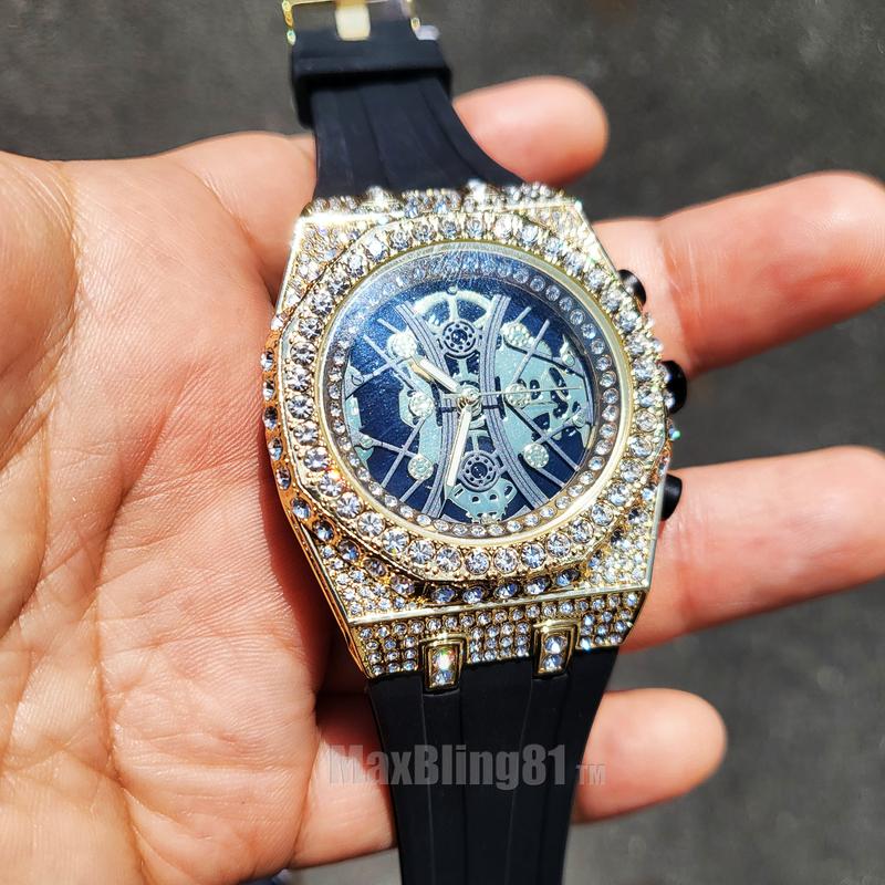 Men Iced Bling Rapper Masonic Dial Simulated Diamond Black Silicone Band Luxury Fashion Hip Hop Watch Wristwatch