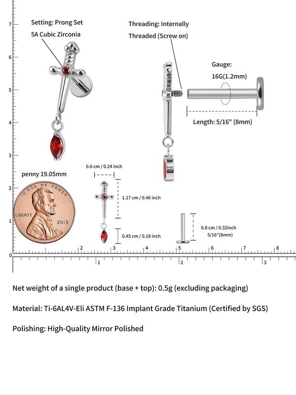 ASTM F136 Titanium Dagger Flat Back Stud, for Tragus  Conch  Helix Piercing, 16G 8mm Hypoallergenic Body Jewelry