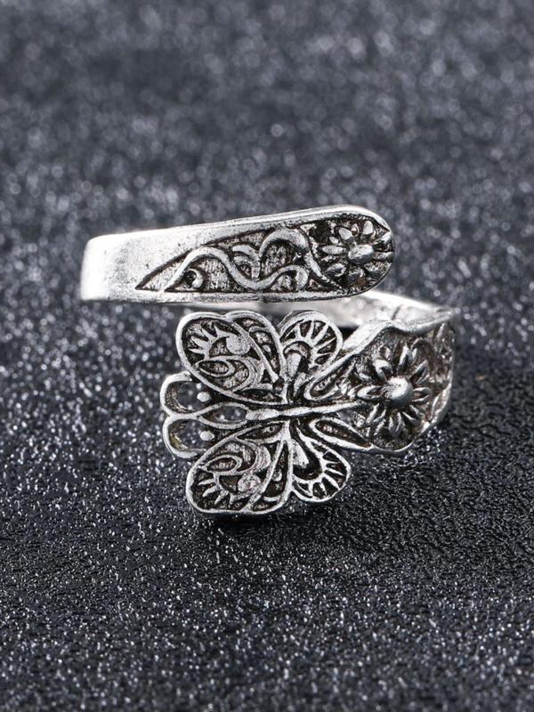 Vintage Butterfly & Sunflower Design Cuff Ring, Summer 2024 New Dainty Jewelry for Daily Clothing Decor, Party, Minimalist Aesthetic Jewelry Gift