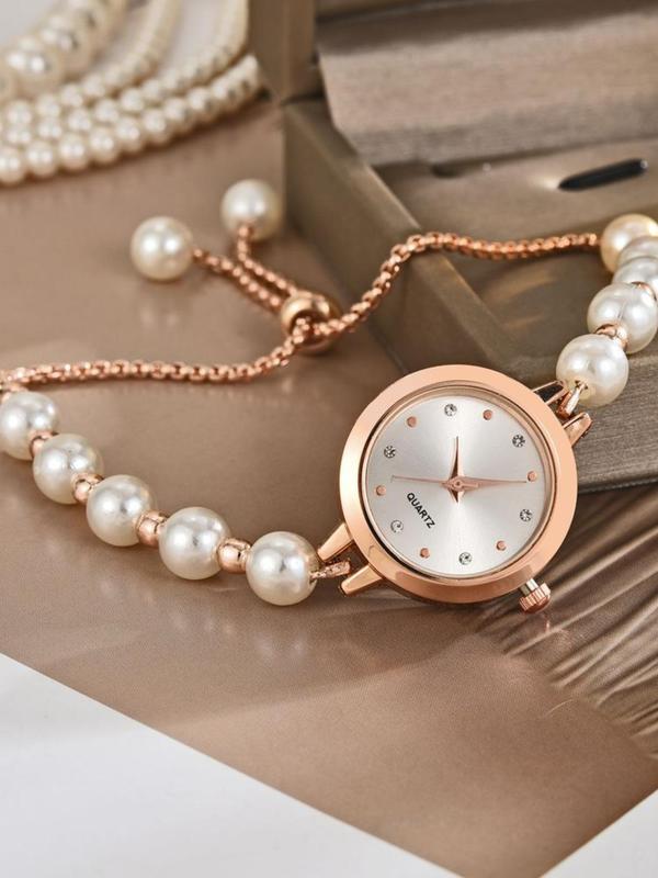 Faux Pearl Decorated Quartz Watch, Fashionable Round Dial Analog Watch for Women & Girls, Trendy All-match & Exquisite Watch for Birthday Gift