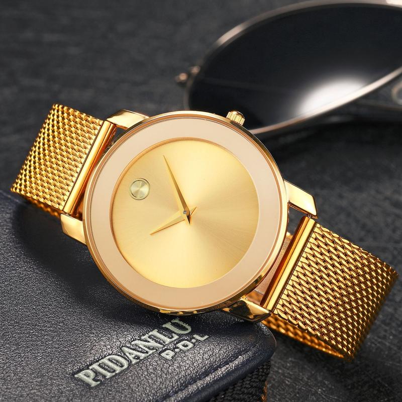 Fashionable Simple Watch WithMesh Strap, Classic Waterproof GoldRound Dial Men's Wristwatch