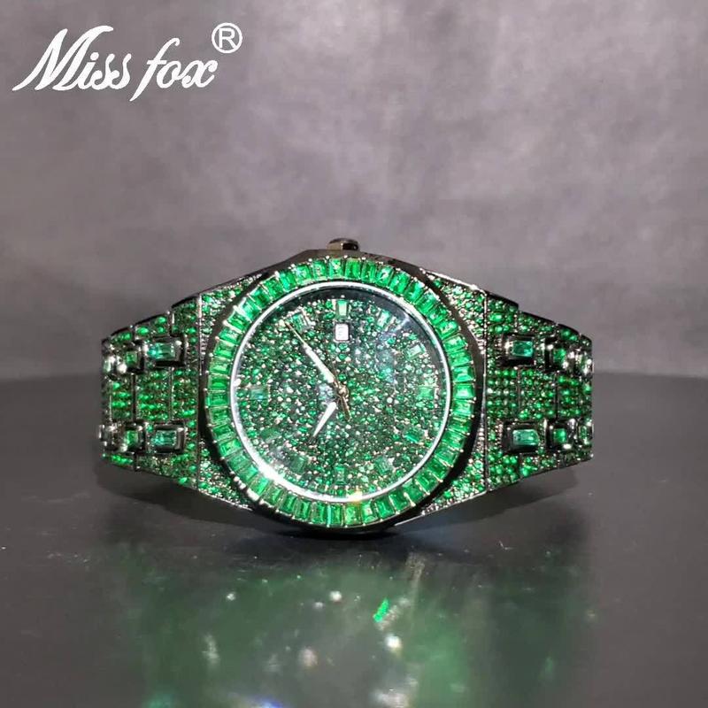 Christmas Gift Luxury Iced Out Green Watch for Men - Square Rhinestone Hip Hop Jewelry Wristwatch with Quartz Movement, Water Resistant, Date Display, and Stylish Design - 2024 New Arrival Fashion Reloj for Mans