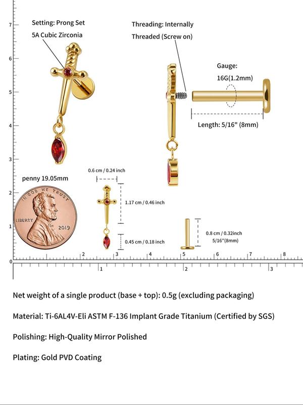 ASTM F136 Titanium Dagger Flat Back Stud, for Tragus  Conch  Helix Piercing, 16G 8mm Hypoallergenic Body Jewelry