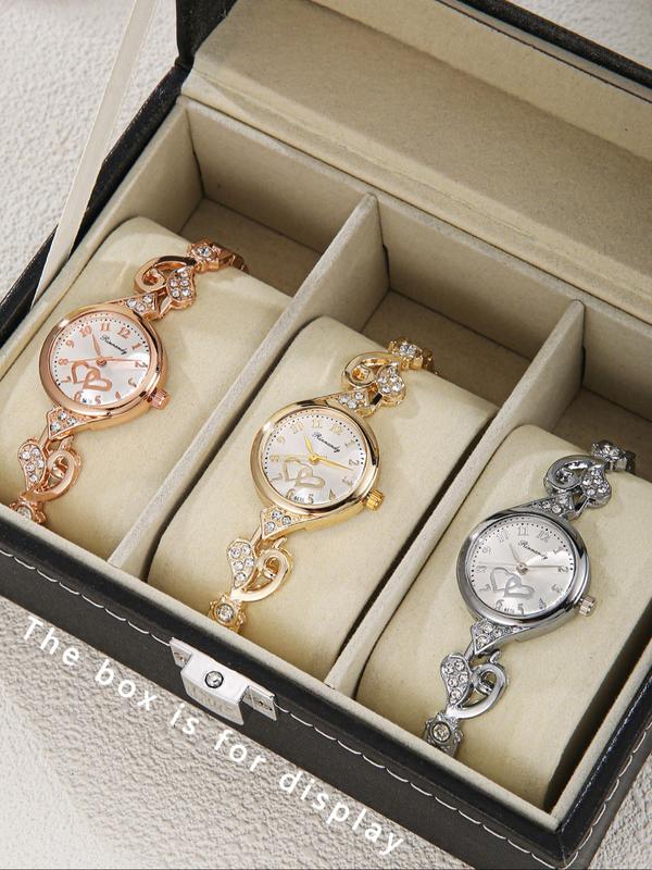 Women's Elegant Rhinestone Decorated Quartz Watches, Fashionable Round Dial Watch Set for Women & Girls, Temperament All-match Watch Set for Birthday Gift, with Box