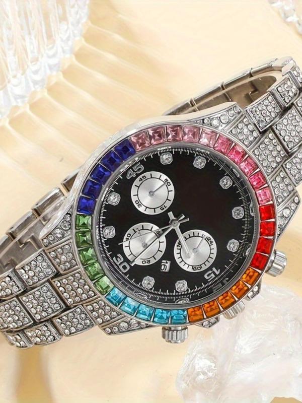 Men's Rhinestone Decorated Watch & Bracelet & Pendant Necklace, Fashion Watch Set for Party, Daily Clothing Decor, Trendy All-match & Exquisite Watch Set for Gift