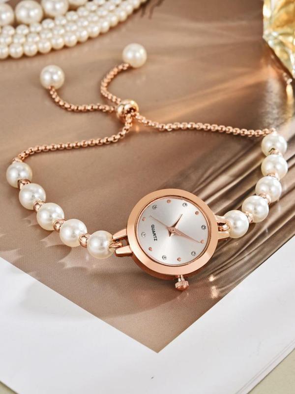 Faux Pearl Decorated Quartz Watch, Fashionable Round Dial Analog Watch for Women & Girls, Trendy All-match & Exquisite Watch for Birthday Gift