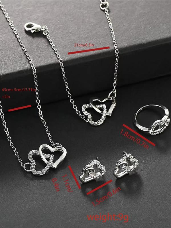 Rhinestone Decor Hollow Out Heart Design Jewelry Set, Elegant Necklace & Bracelet & Earrings & Ring Set, Fashion Exquisite Jewelry Set for Women's Gift