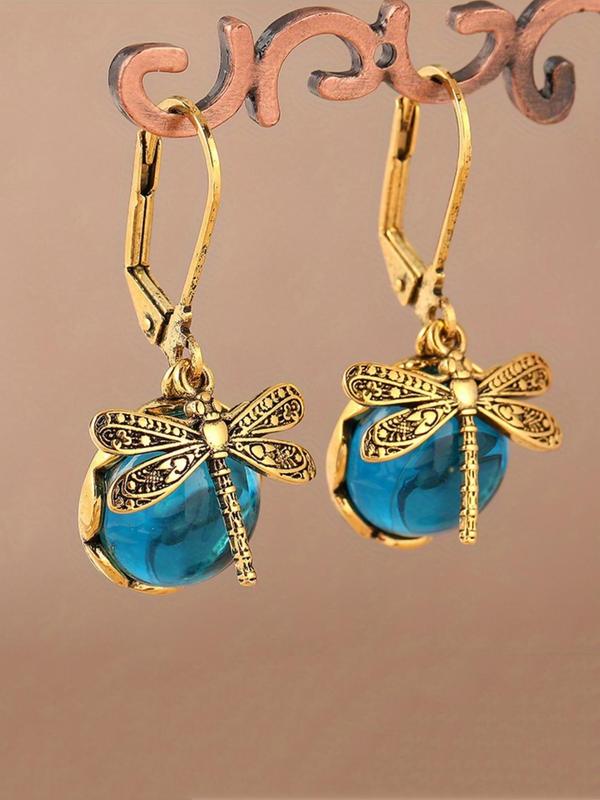 Dragonfly Design Dangle Earrings, Round Synthetic Gems Decor Earrings, Fashionable Alloy Jewelry  for Clothing Decor, All-match & Exquisite Jewelry