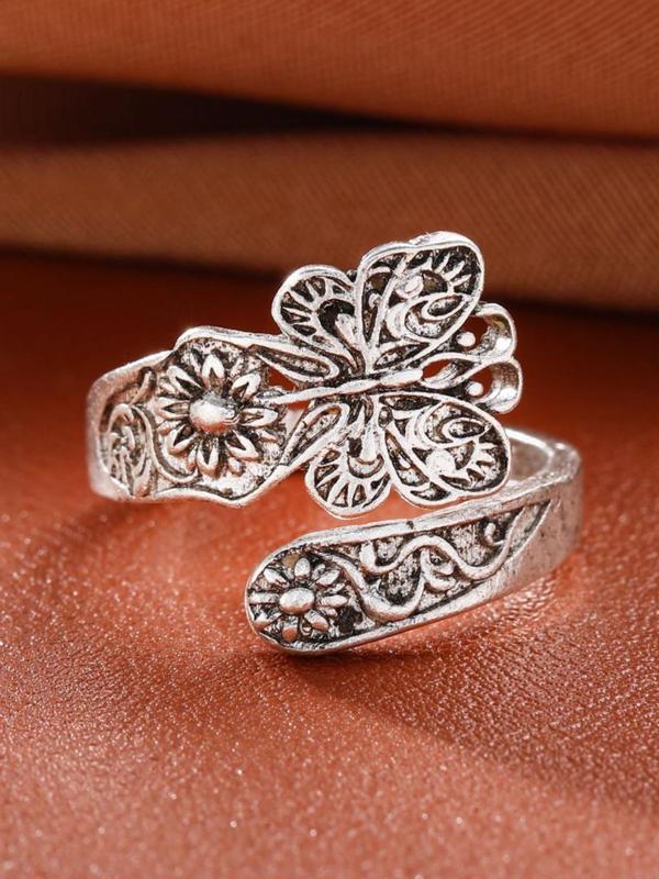 Vintage Butterfly & Sunflower Design Cuff Ring, Summer 2024 New Dainty Jewelry for Daily Clothing Decor, Party, Minimalist Aesthetic Jewelry Gift