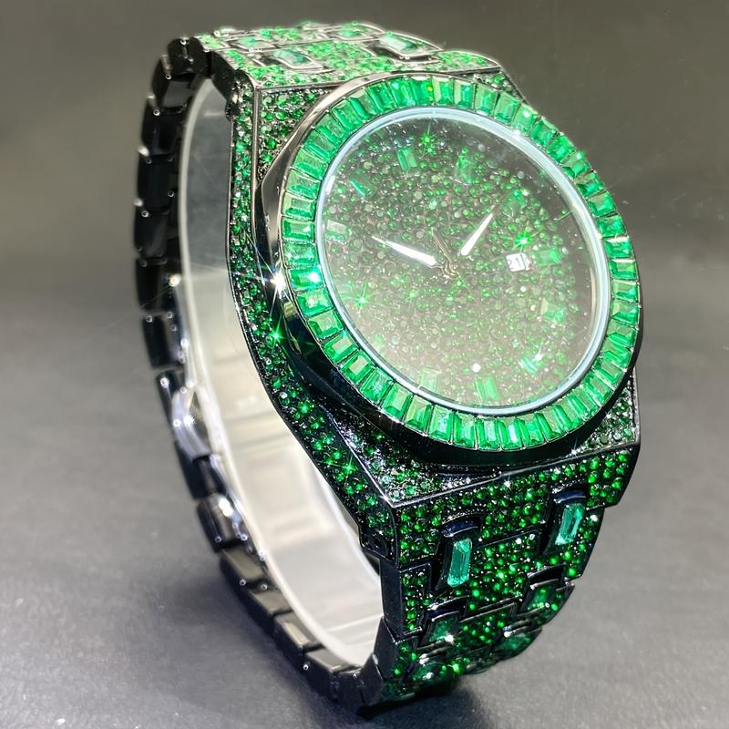 Christmas Gift Luxury Iced Out Green Watch for Men - Square Rhinestone Hip Hop Jewelry Wristwatch with Quartz Movement, Water Resistant, Date Display, and Stylish Design - 2024 New Arrival Fashion Reloj for Mans