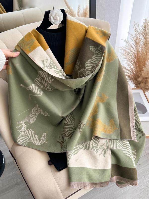 Women's Zebra Print Double Sided Shawl, Casual Soft Warm Long Scarf for Fall & Winter, Fashion Accessories for Daily Wear