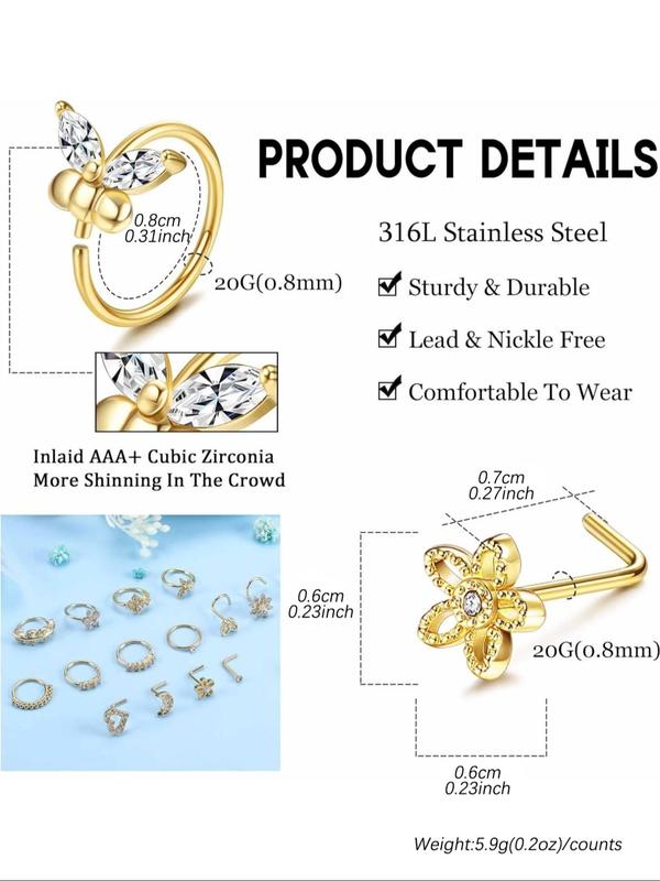 Mixed Style Rhinestone Decor Nose Ring, Fashionable Nose Piercing Jewelry for Women & Girls, Trendy All-match & Exquisite Jewelry for Birthday Gift