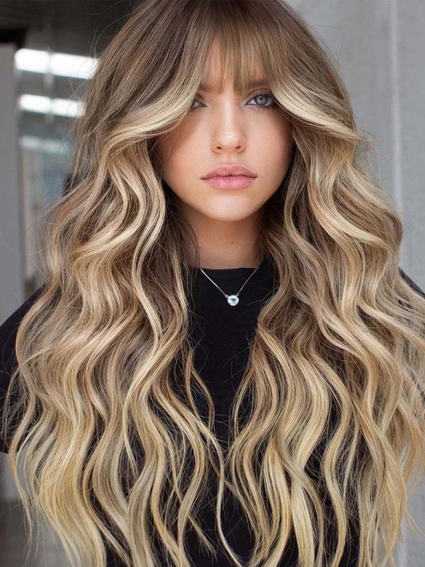 26 Inch Ombre Blonde Long Natural Wavy Wigs for Women, Gorgeous Fluffy Wigs with Bangs, Synthetic Full Machine Wigs for Party Cosplay Streetwear Daily Use