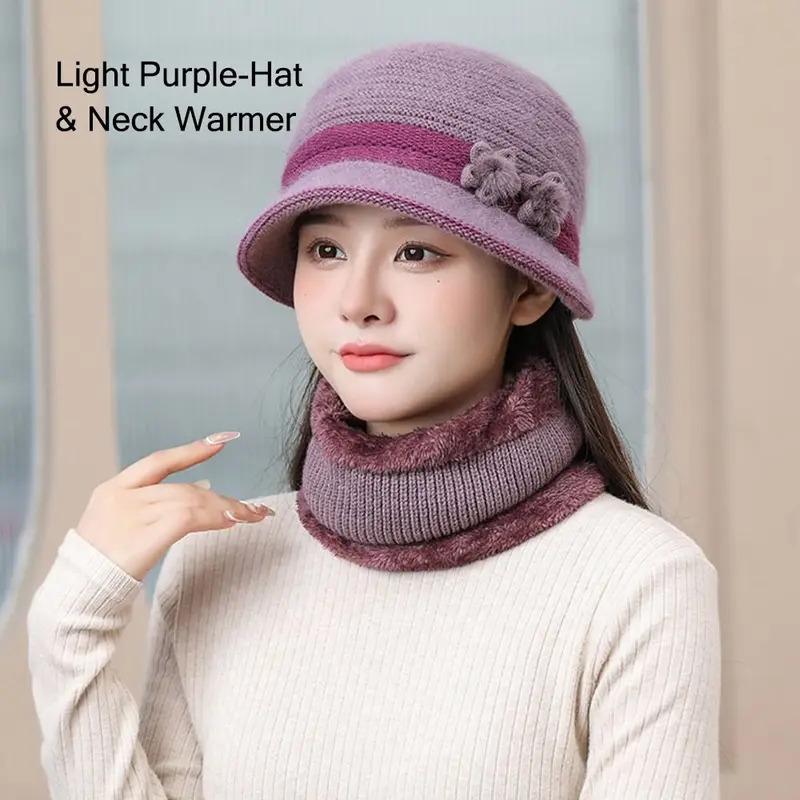 Cold Weather Elderly Middle Aged Winter Beanie Hat Scarf Warm Windproof Knit Bucket Hat Fleece Lining Hat Scarf Set for Women