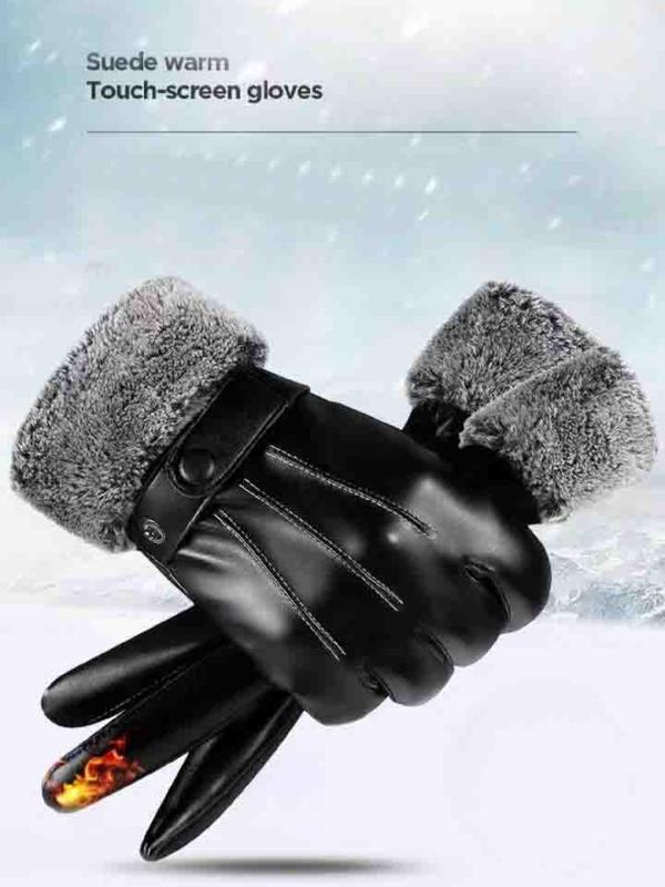 Men's Business Solid Color Contrast Faux Fur Design Touch-screen Gloves, Fashionable Warm Gloves for Fall & Winter, Windproof & Waterproof Gloves for Men