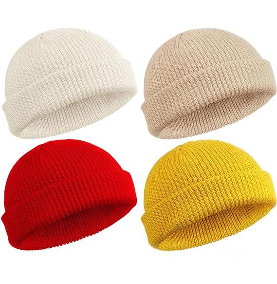 2 or 4 Piece Fisherman Beanie for Men Hat Short Knit Cuff Beaniess Trawler Beanie Watch Hat Roll up Edge Skullcap Unisex